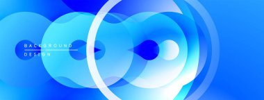 Soyut mavi tasarım, üst üste binen daireler, akışkan şekiller. Gradyan derinlik yaratır, modern estetik. Minimalist kompozisyon.