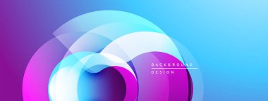 Soyut, enerjik daireler çakışıyor ve dinamik bir değişim etkisi yaratıyor. Mavi, mor renkler kompozisyona hakim. Modern tasarım ögesi.