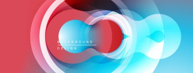 Soyut renkli tasarım. Üst üste binen daireler dinamik görsel efekt yaratır. Kırmızı, mavi gradyanlar kompozisyona hakim. Modern estetik.