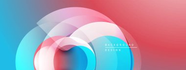 Soyut tasarım özellikleri üst üste binen şeffaf daireler. Renkler maviden kırmızıya geçiyor. Minimalist tarz, modern estetik.