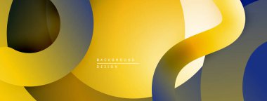 Soyut tasarım özellikleri üst üste binen eğri şekiller. Sarılar, maviler, griler dinamik kompozisyon oluşturur. Modern estetik, temiz çizgiler.