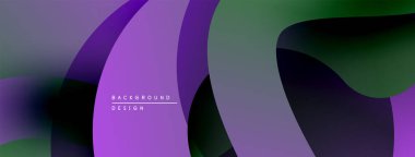 Soyut sıvı şekilleri örtüşür, dinamik mor, yeşil gradyanlar oluşturur. Modern tasarım hareketi çağrıştırıyor, derinliği. Minimalist estetik.