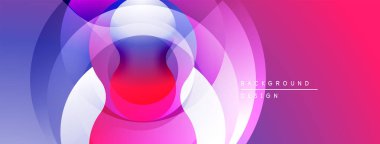 Soyut çemberler çakışıyor, canlı gradyanlar yaratıyor. Pembe, mor, mavi renkler düzgün bir şekilde harmanlanır. Arka planlar için modern tasarım ögesi.