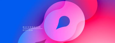 Soyut sıvı şekilleri canlı mavileri, pembeleri, morları harmanlıyor. Modern tasarım dinamik görsel deneyim yaratır. Düzen eğimleri kompozisyona hakim.