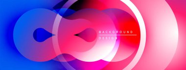 Soyut canlı tasarım, üst üste binen daireler, gradyanlar. Mavi, pembe renkler modern görsel efektler yaratır. Yumuşak geçişler kompozisyona hakim..