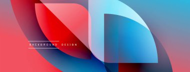Soyut şekiller örtüşüyor, canlı kırmızı ve mavi renkler yaratıyor. Modern tasarım elementleri dinamik görsel deneyim önerir.