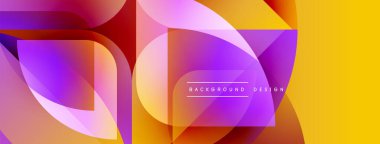 Soyut geometrik şekiller örtüşür, canlı gradyanlar yaratır. Sarı, turuncu, mor renkler tasarımda baskın. Modern estetik.