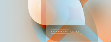 Soyut geometrik şekiller çakışıyor, yumuşak renk eğimleri yaratıyor. Açık mavi, turuncu renkler tasarımda baskın. Minimalist estetik.