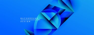 Soyut mavi tasarım katmanlı geometrik şekiller içerir. Renkler derinlik yaratır, modern estetik. Arkaplan teknoloji ve yenilik öneriyor.