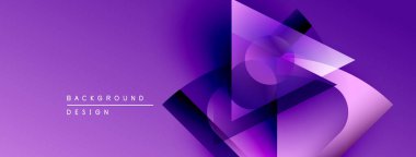 Soyut mor tasarım, üst üste binen geometrik şekiller, gradyanlar, yumuşak gölgeler. Modern estetik, canlı renkler, dinamik bileşim.