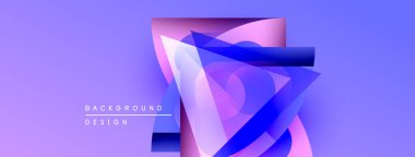Soyut geometrik şekiller örtüşüyor, canlı mor ve mavi renkler yaratıyor. Modern tasarım elementleri teknoloji ve yenilik öneriyor.