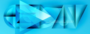 Soyut geometrik şekiller, canlı mavi renkler, modern tasarım elementleri. Kompozisyon üst üste binen üçgenler, gradyanlar, metin örtüşmesi.
