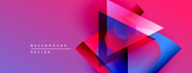 Soyut geometrik şekiller örtüşüyor, canlı mor, pembe, mavi renkler yaratıyor. Modern tasarım elementleri dinamik bileşimi önerir.