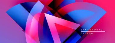 Soyut canlı tasarım, üst üste binen şekiller, gradyanlar. Pembe, mavi, mor renkler dinamik görsel efekt yaratır. Modern, şık arkaplan.