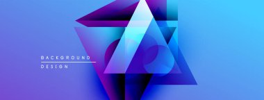 Soyut geometrik şekiller örtüşür, parlak mavi mor bir eğilim yaratır. Modern tasarım elementleri teknoloji ve yenilik öneriyor.