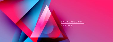 Soyut geometrik şekiller örtüşüyor, canlı pembe, mavi, kırmızı gradyanlar yaratıyor. Modern tasarım ögeleri dinamik arkaplan dokusunu önerir.