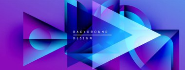 Soyut geometrik şekiller canlı mor, mavi renkleri harmanlarlar. Modern tasarım katmanlı üçgenler, daireler, gradyanlar içerir. Metin arkaplan tasarımı okur.