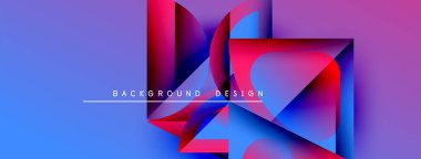 Soyut geometrik şekiller örtüşür, parlak mavi, mor ve pembe renkler yaratır. Metin, formların altındaki arkaplan dizaynını okur. Modern görsel.