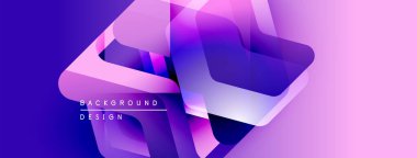 Soyut geometrik şekiller örtüşür, canlı mor gradyan arkaplan oluşturur. Modern tasarım elementleri dijital sanat ve yenilik öneriyor.