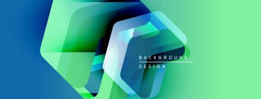 Soyut geometrik şekiller örtüşür, canlı bir gradyan arkaplan oluşturur. Modern tasarım elementleri yenilik ve teknoloji öneriyor.