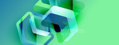 Soyut geometrik şekiller örtüşüyor, canlı yeşil, mavi renkler yaratıyor. Modern tasarım elementleri teknoloji ve yenilik öneriyor.