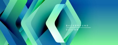 Soyut geometrik şekiller örtüşüyor, canlı mavi, yeşil bir eğim yaratıyor. Modern tasarım teknoloji, yenilik, dinamik hareket öneriyor.