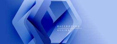 Soyut mavi tasarım üst üste binen altıgen şekiller içeriyor. Gradyan gölgeler derinlik yaratır, modern estetik. Metin arkaplan tasarımı okur.