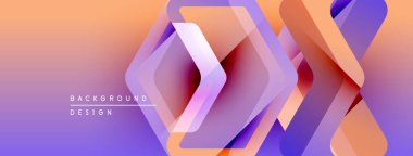 Soyut geometrik tasarım. Arkaplanda turuncudan mora geçiş var. Üst üste binen kareler derinlik yaratır, modern estetik.