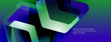 Soyut geometrik şekiller örtüşüyor, canlı yeşil, mavi renkler yaratıyor. Modern tasarım teknoloji, yenilik, dinamik görseller öneriyor.