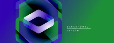 Soyut geometrik tasarım. Altıgen katmanlar illüzyon yaratır, canlı renkler harmanlanır. Yeşil arka plan mor elementleri tamamlar. Modern estetik.