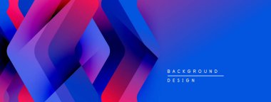Soyut geometrik şekiller çakışıyor. Canlı mavi, mor, pembe gradyanlar dinamik görsel efekt yaratır. Arka planlar için modern tasarım ögesi.