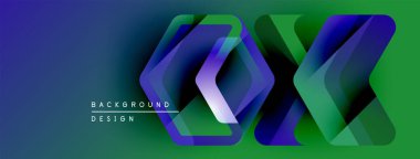 Soyut geometrik tasarım. Canlı gradyanlar mavileri, yeşillikleri, morları harmanlarlar. Üst üste binen şekiller derinlik yaratır, modern estetik. Metin arkaplan tasarımı okur.