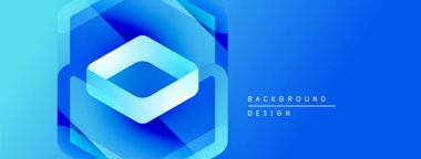 Soyut mavi tasarım katmanlı geometrik şekiller içerir. Altıgen kompozisyona hükmediyor ve modern görsel efekt yaratıyor. Parlak eğim derinlik ekler.