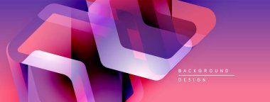Soyut geometrik şekiller örtüşür, parlak pembeler ve morlar yaratır. Gradyan arka plan modern tasarım elementlerini gösteriyor. Yumuşak geçişler kompozisyona hakim..