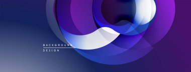 Soyut tasarım özellikleri üst üste binen daireler, gradyanlar. Mor, mavi renkler kompozisyona hakim. Modern estetik, temiz çizgiler sunar.