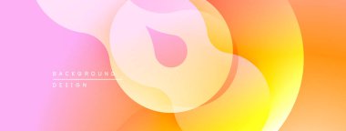 Soyut gradyan şekiller çakışıyor, yumuşak renk geçişleri yaratıyor. Pembe, turuncu, sarı renkler tasarımda baskın. Minimalist estetik.