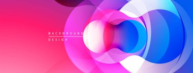 Soyut, enerjik çemberler çakışıyor. Pembe, mor, mavi renkler dinamik görsel efekt yaratır. Arka planlar için modern tasarım ögesi.