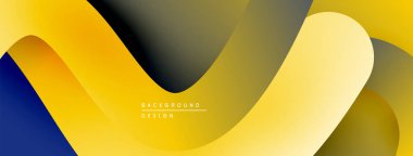 Soyut akışkan şekiller, canlı sarı, koyu mavi, gri gradyanlar. Modern tasarım, pürüzsüz eğriler dinamik bileşim yaratır.