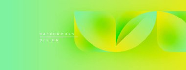 Canlı yeşil eğimli arka plan. Soyut taç yaprağı şekilleri örtüşür, dinamik görsel efekt yaratır. Metin elementli minimalist tasarım.