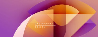 Soyut geometrik şekiller örtüşüyor, canlı renk eğimleri yaratıyor. Mor, turuncu, sarı renkler tasarımda baskın. Modern estetik.