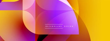 Soyut canlı tasarım, üst üste binen renkli şekiller. Gradyan renkler turuncu, mor, sarı karışımı modern estetik oluşturuyor.