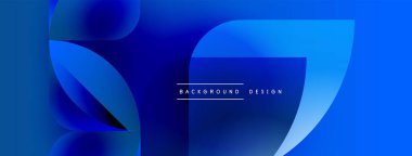 Soyut mavi gradyanlar dinamik şekiller oluştururlar. Modern tasarım kompozisyon içinde merkezlenmiş metin arkaplan tasarımı içerir. Yumuşak geçişler görsel derinlik yaratır.