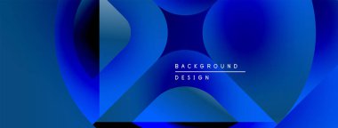 Soyut mavi gradyanlar üst üste binen şekiller oluştururlar. Metin, kompozisyon içerisindeki arkaplan tasarımını okur. Minimalist estetik.