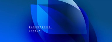 Soyut mavi arkaplan özellikleri üst üste binen şekiller, gradyanlar. Modern tasarım elementleri dinamik görsel efekt yaratır. Mevcut en küçük metin.