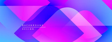 Soyut geometrik şekiller örtüşür, canlı gradyanlar yaratır. Mavi, mor, pembe renkler dizaynın hakimi. Modern estetik.