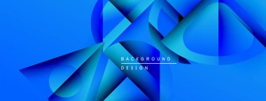 Soyut mavi tasarım, üst üste binen geometrik şekiller. Gradyan gölgeler derinlik yaratır, modern estetik. Metin arkaplan tasarımı okur.