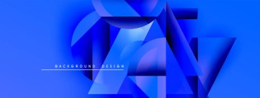 Soyut mavi geometrik şekiller dinamik arkaplan yaratır. Renkler derinlik katar, modern his katar. Metin arkaplan tasarımı okur.