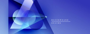 Soyut mavi tasarım, üst üste binen daireler, üçgenler. Gradyan arka plan modern görsel efekt yaratır. Basit metin arkaplan tasarımı okur.