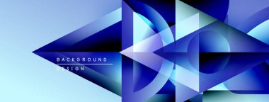 Soyut geometrik şekiller, mavi gradyanlar, modern tasarım. Minimalist kompozisyon dinamik görsel efekt yaratır. Işık yüzeylerden yansıyor.