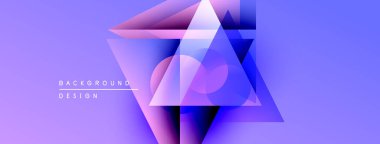 Soyut geometrik şekiller örtüşür, canlı mor gradyan arkaplan oluşturur. Modern tasarım elementleri dijital sanat ve yenilik öneriyor.